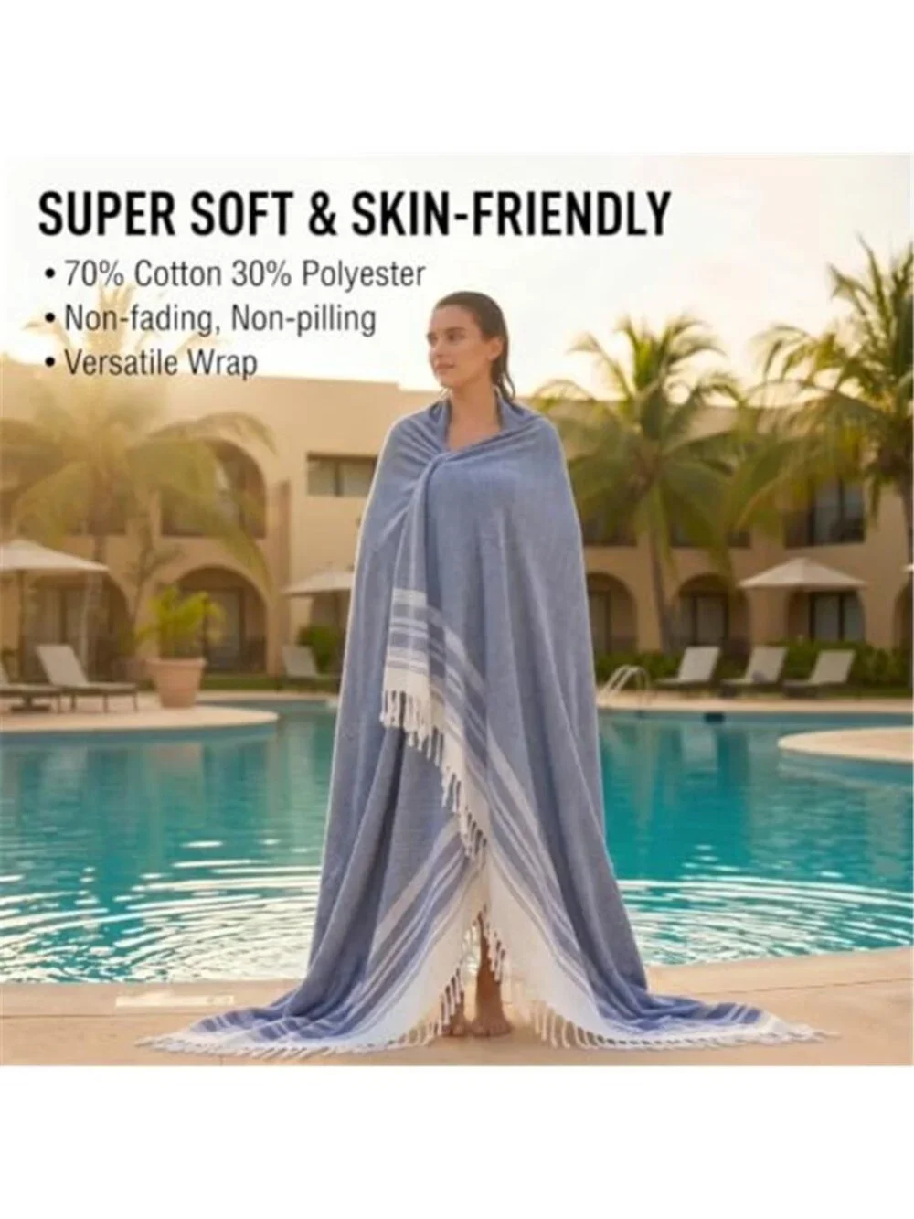 Oversized Turkish Beach Towel Blanket Sand Free Quick Dry Cotton 82 X 88 Blue